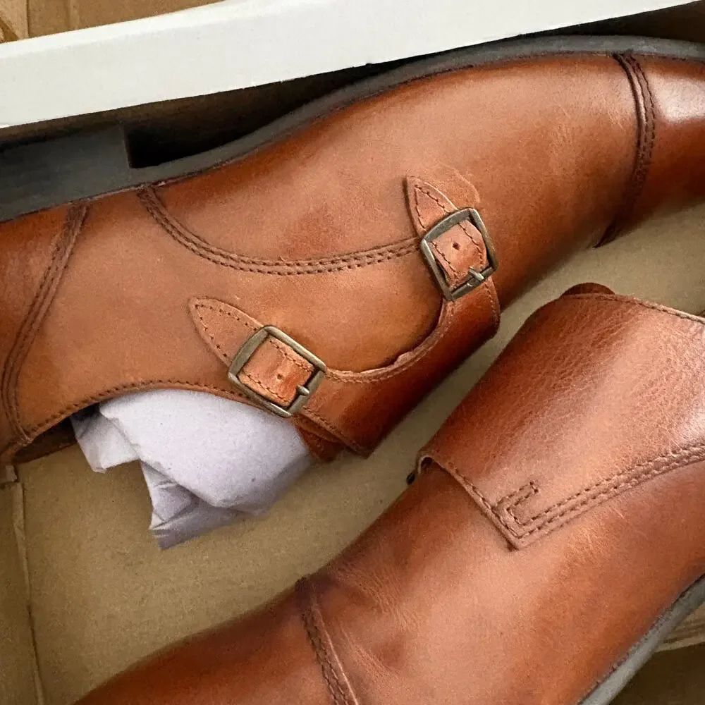 Find Brand Mens Monk Strap Dress Shoes 9 NWT Brown Leather Cap Toe
